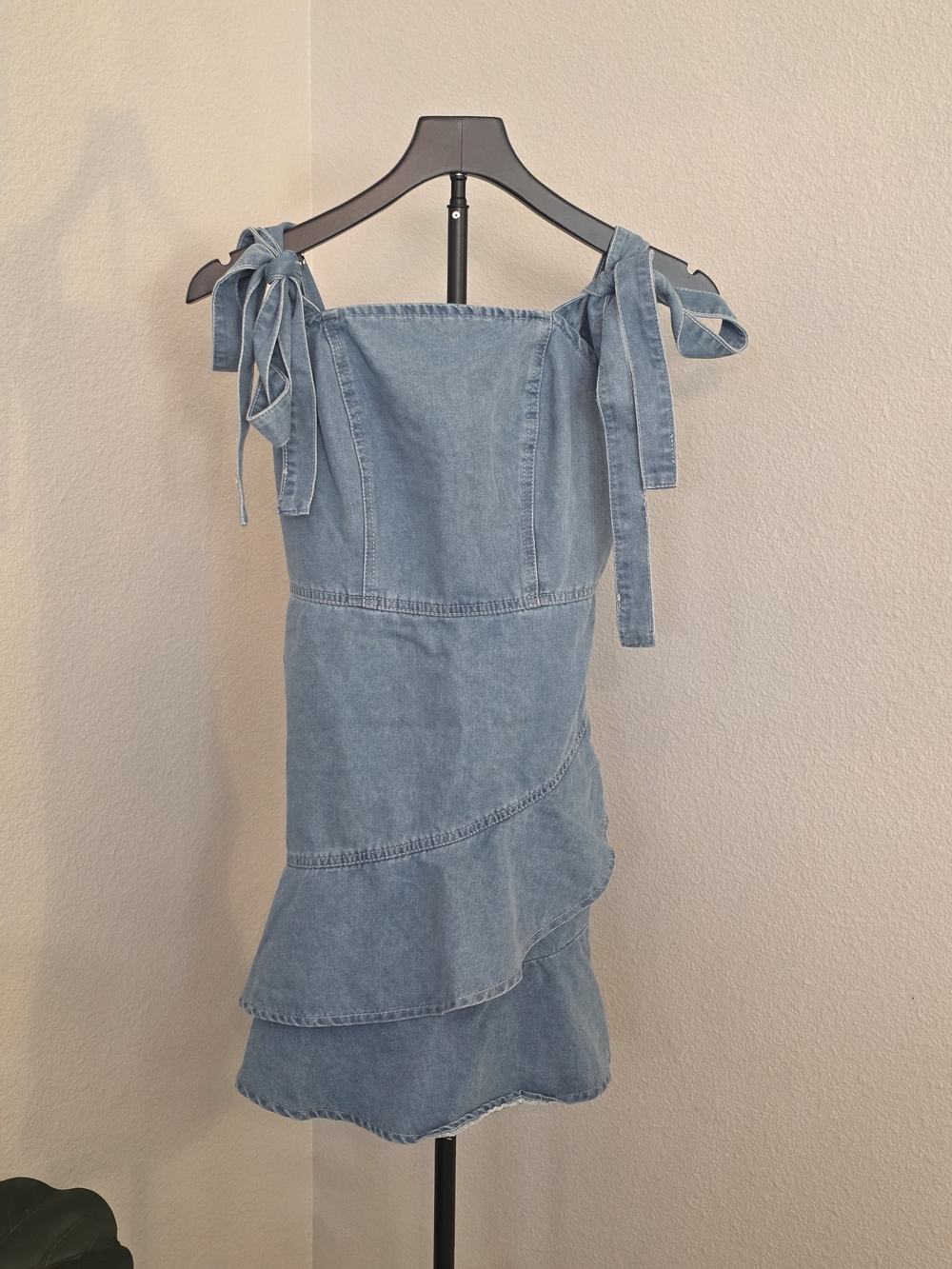 Light Blue Denim Mini Dress with Tie Shoulders